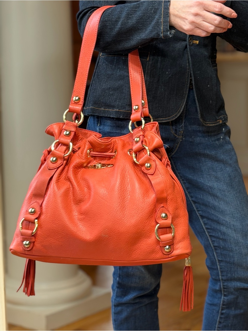 Elliott Lucca Vintage Boho Salmon Leather Drawstring Shoulder Bag (VGVC)